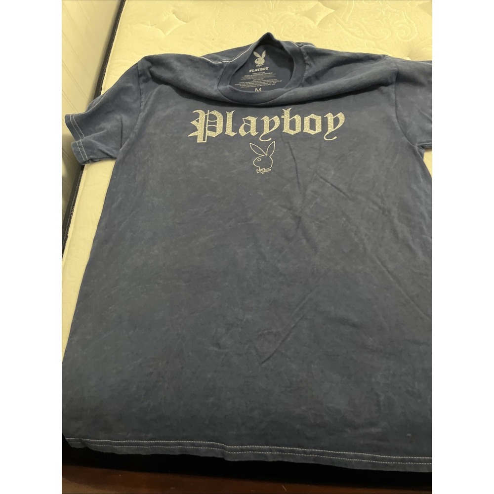 Playboy Magazine‎ Bunny T-Shirt Logo Short Sleeve Shirt Blue With Silver Logo M
